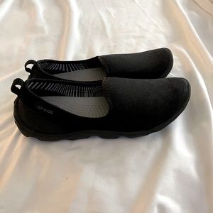 Black CROC slip-ons, size 7